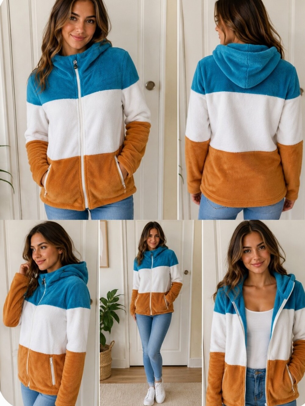 Me°Ru Colorblock Women's Jacket - Blue, White, Brown . Medium Unisex